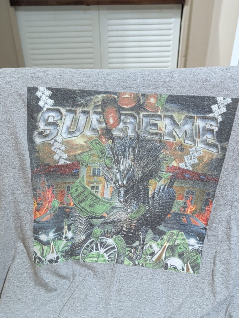Supreme Gray Tee with Multicolor Fiery Eagle Graphic